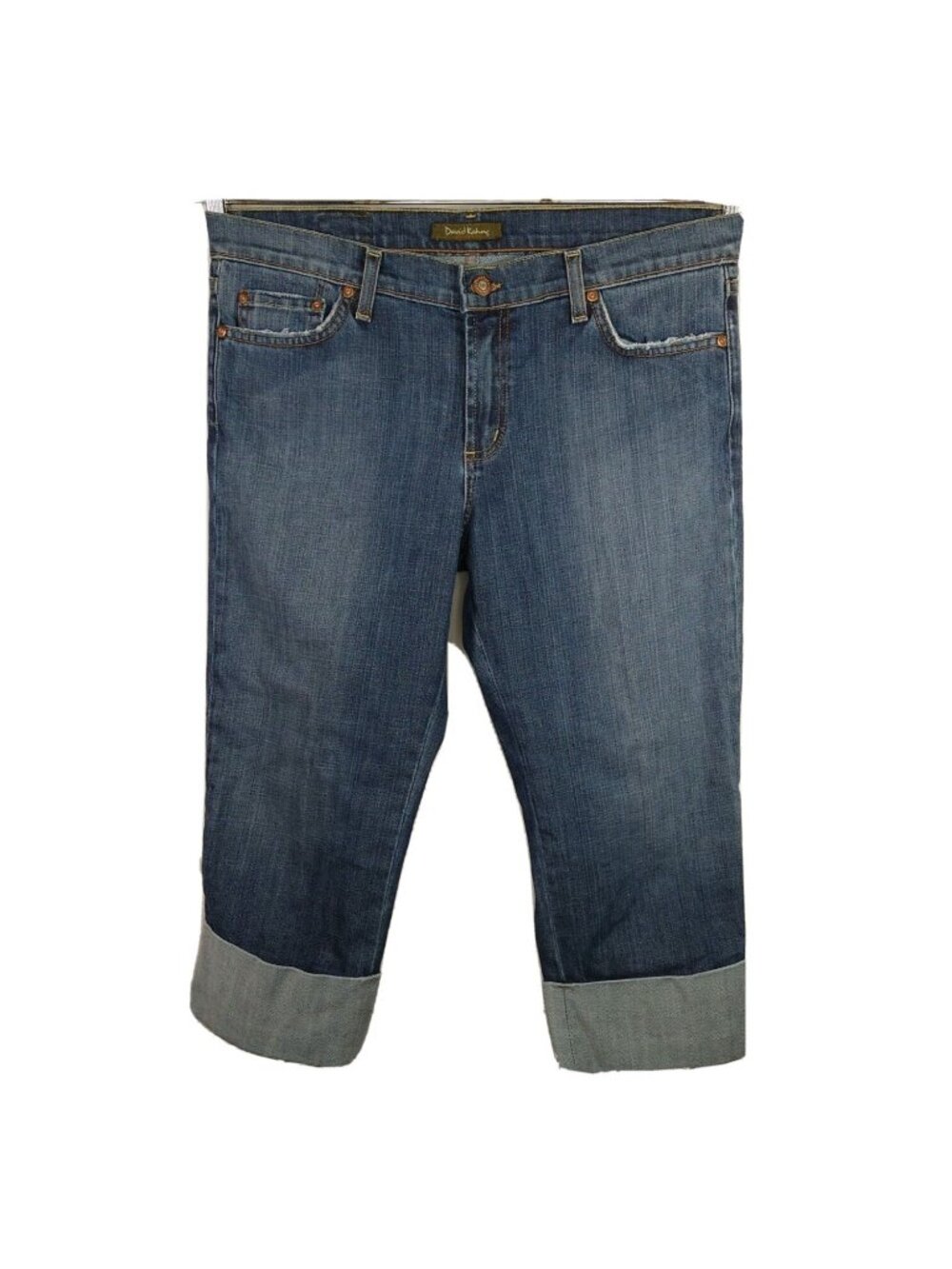 David Kahn Cuffed Ankle Cropped Jeans Women Size 31 Blue Medium Wash Distressed